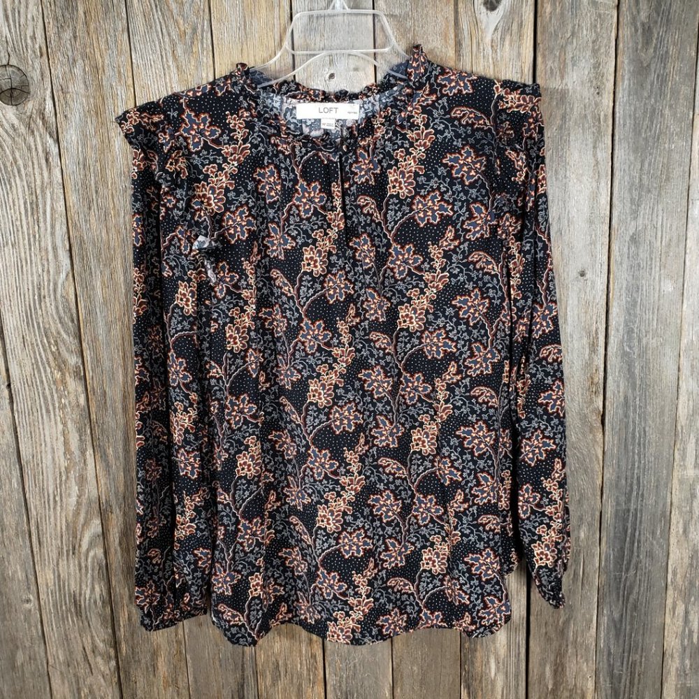 Loft MP PM Women's Black Gray Rust Floral High Neck Ruffle Blouse Top Petite